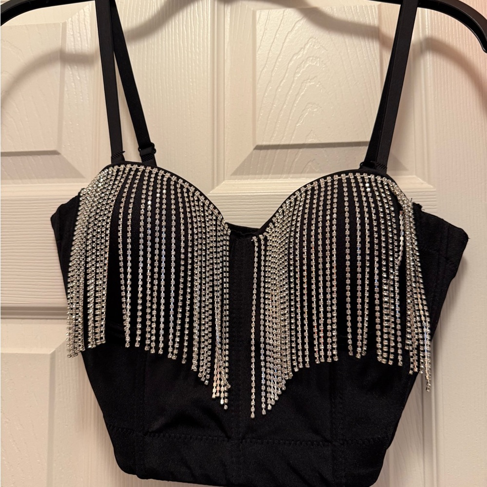 Windsor Black Crop Top with Rhinestone Fringe